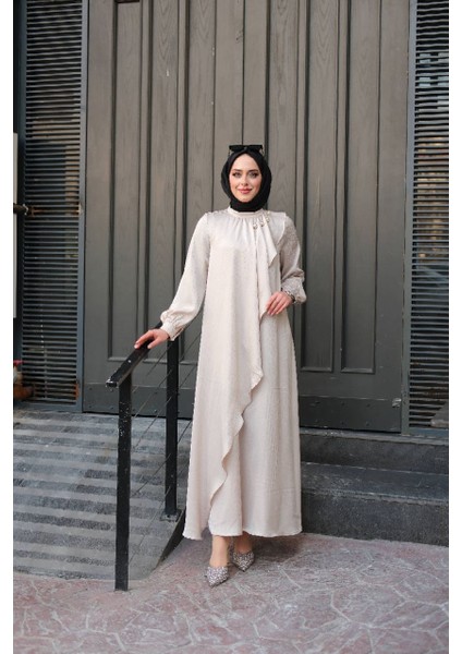 Jakarlı Saten Fırfırlı Abiye Elbise fiyatları