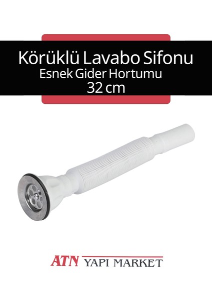 Esnek Körüklü Lavabo Sifonu – Plastik Gofrajlı Hortum – Paslanmaz Süzgeç Başlıklı – Standart Lavabo Gider Borusu