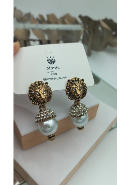 Vintage Aslanlı Inci Küpe