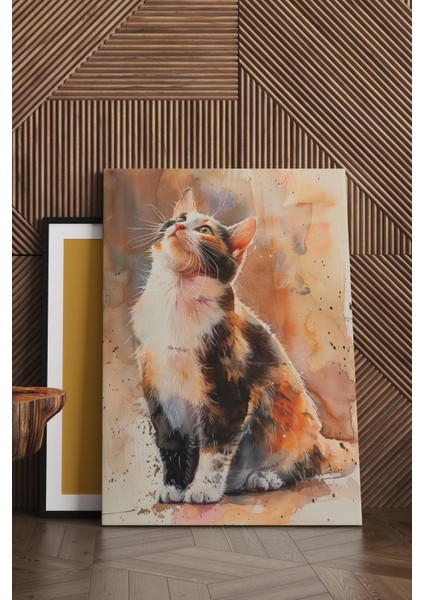 Sulu Boya Görünümlü Kedi Kanvas Tablo