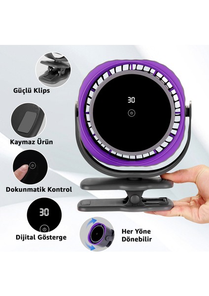 Dijital Göstergeli Dokunmatik Klipsli Fan Vantilatör - Güçlü ve Sessiz Motor - 360° Klipsli Fan - Kompakt Tasarım - Serinletici Klima Fan