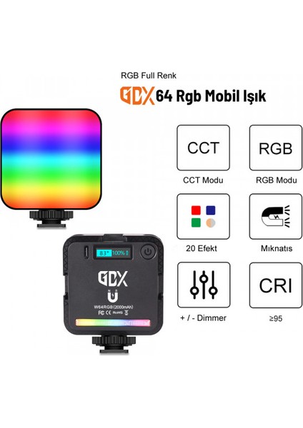 64 Rgb LED Mıknatıslı Mobil Video Işığı