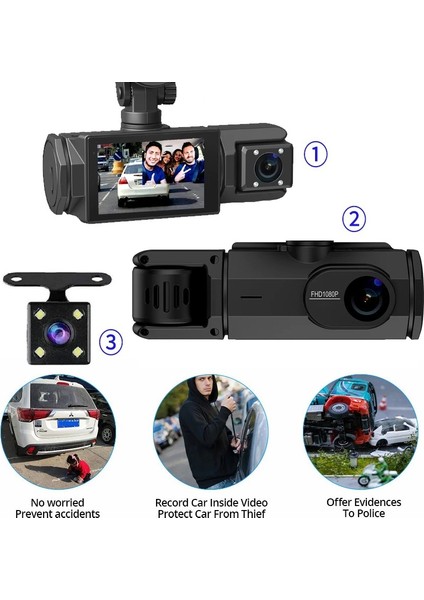 1080P Full Hd 3 Kameralı Hafıza Kartına Kayıtlı Hareket Algılamalı Araç Kamerası fiyatları