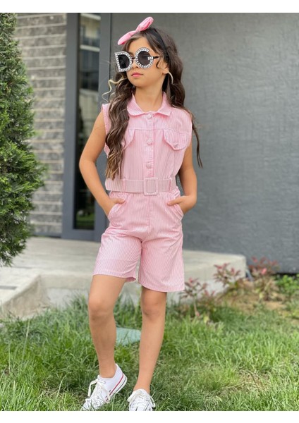 Pembe Renk Beyaz Çizgi Desenli Kemerli Şortlu Tulum Toka Hediyeli fırsatları