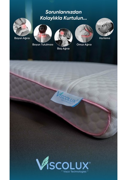 Xl Mega Boy Ortopedik Yastık - Boyun Destekli Visco Yastık 60X40X11/8 Pembe