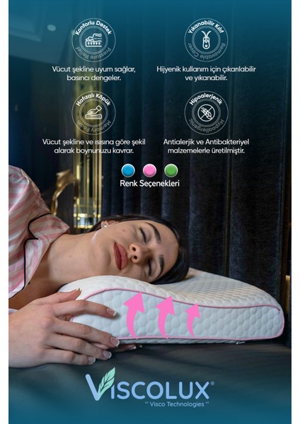 Xl Mega Boy Ortopedik Yastık - Boyun Destekli Visco Yastık 60X40X11/8 Pembe