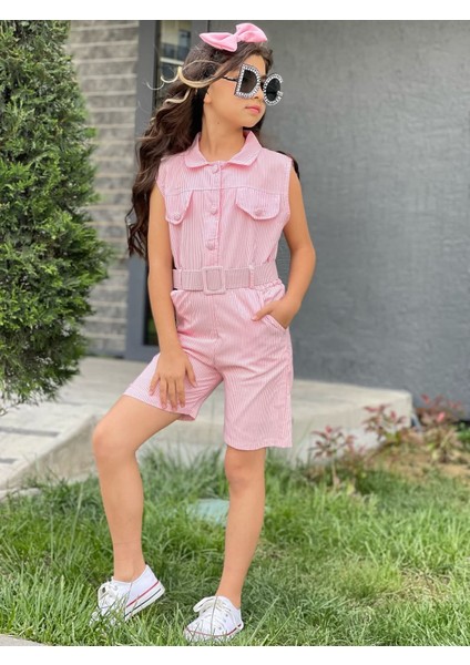 Pembe Renk Beyaz Çizgi Desenli Kemerli Şortlu Tulum Toka Hediyeli