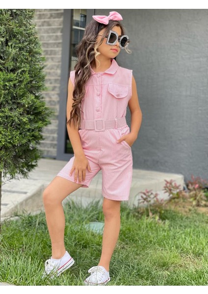 Pembe Renk Beyaz Çizgi Desenli Kemerli Şortlu Tulum Toka Hediyeli fiyatları