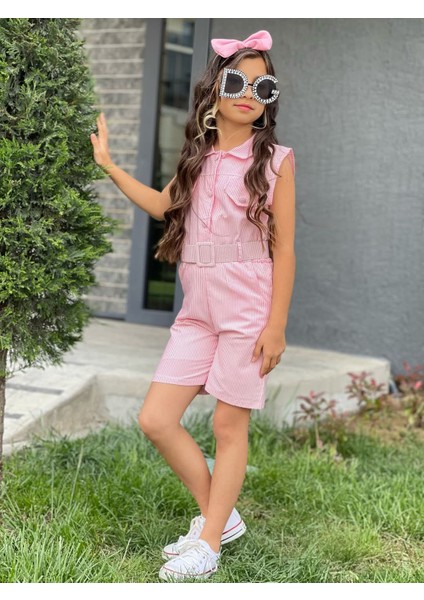 Pembe Renk Beyaz Çizgi Desenli Kemerli Şortlu Tulum Toka Hediyeli modelleri