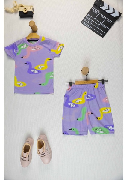 Kız Çocuk Takım I Yazlık Takım Renkli Baskılı Pamuklu Tişört & Şort Takım I Rahat Yazlık Takım