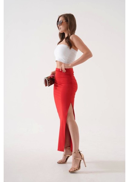 Uzun Yırtmaçlı Ince Kumaş Etek Kırmızı S - Kırmızı fiyatları