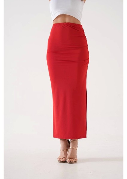Uzun Yırtmaçlı Ince Kumaş Etek Kırmızı S - Kırmızı fırsatları