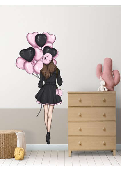 , Genç Kız Odası Pembe, Siyah Renkli, Kalpli Balonlu Kız, Duvar Sticker, 55 X120CM