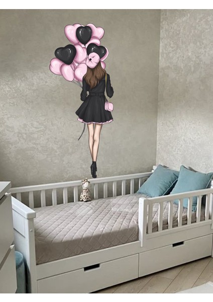 , Genç Kız Odası Pembe, Siyah Renkli, Kalpli Balonlu Kız, Duvar Sticker, 55 X120CM fiyatları