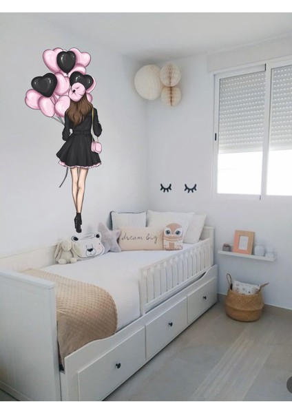 , Genç Kız Odası Pembe, Siyah Renkli, Kalpli Balonlu Kız, Duvar Sticker, 55 X120CM modelleri