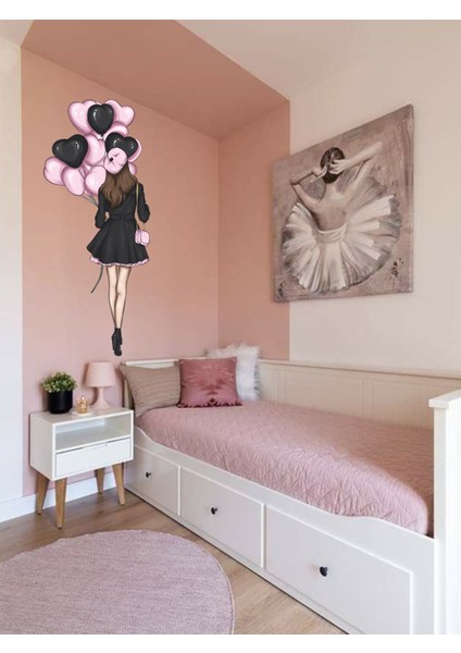 , Genç Kız Odası Pembe, Siyah Renkli, Kalpli Balonlu Kız, Duvar Sticker, 55 X120CM fırsatları