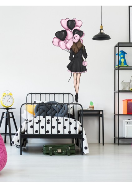 , Genç Kız Odası Pembe, Siyah Renkli, Kalpli Balonlu Kız, Duvar Sticker, 55 X120CM indirimleri