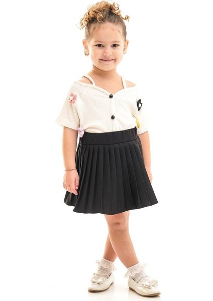 Kız Çocuk Çiçek Aplikeli Gömlekli Pileli Etek Takımı I Renkli Çiçek Detaylı I Kız Çocuk Takım