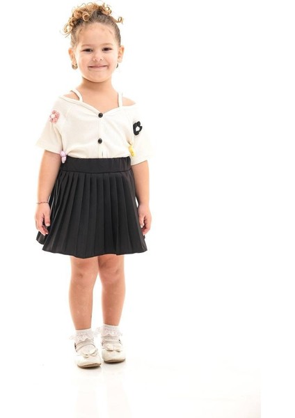 Kız Çocuk Çiçek Aplikeli Gömlekli Pileli Etek Takımı I Renkli Çiçek Detaylı I Kız Çocuk Takım fiyatları