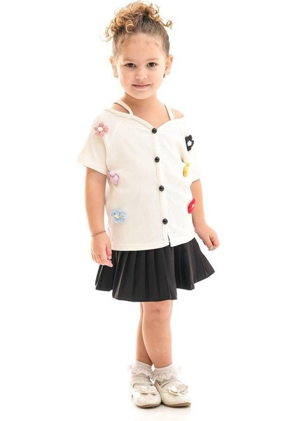 Kız Çocuk Çiçek Aplikeli Gömlekli Pileli Etek Takımı I Renkli Çiçek Detaylı I Kız Çocuk Takım indirimleri