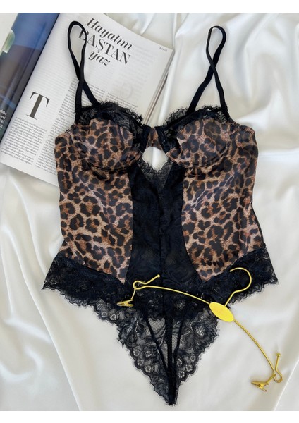 Leopar Desenli Dantel Kapsız Balenli B Cup Bodysuit