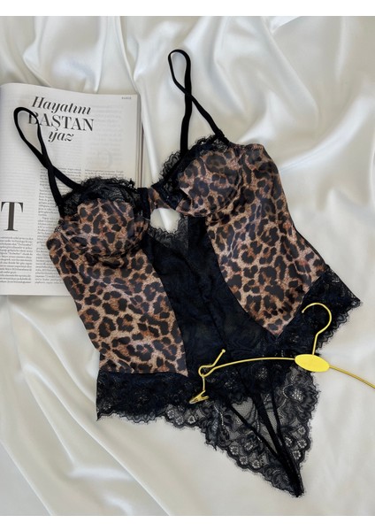 Leopar Desenli Dantel Kapsız Balenli B Cup Bodysuit fiyatları