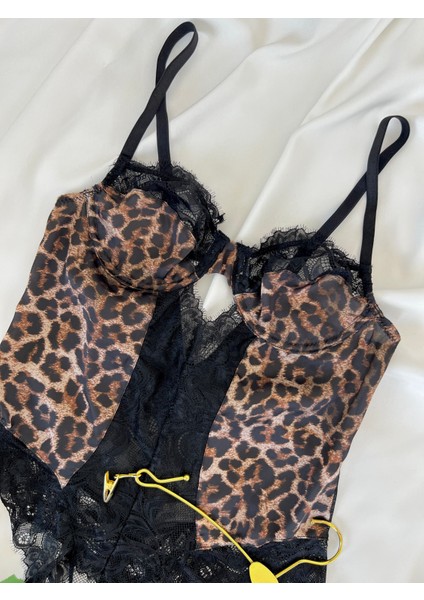 Leopar Desenli Dantel Kapsız Balenli B Cup Bodysuit modelleri