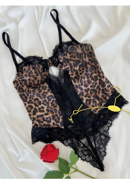 Leopar Desenli Dantel Kapsız Balenli B Cup Bodysuit fırsatları
