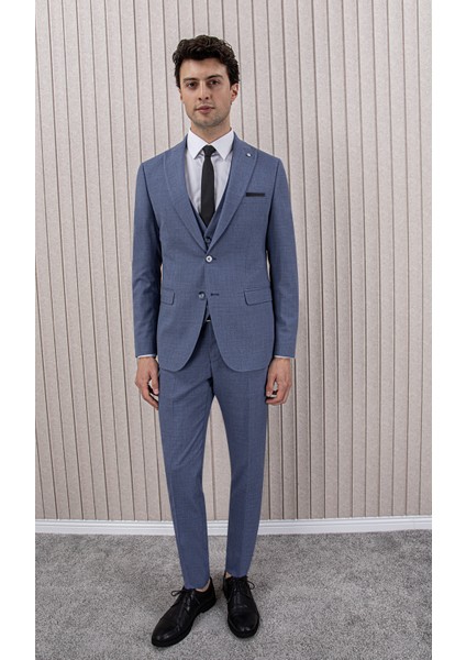 Erkek Likralı Slim Fit Sivri Yaka Yelekli Takım Elbise