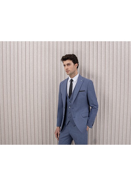 Erkek Likralı Slim Fit Sivri Yaka Yelekli Takım Elbise