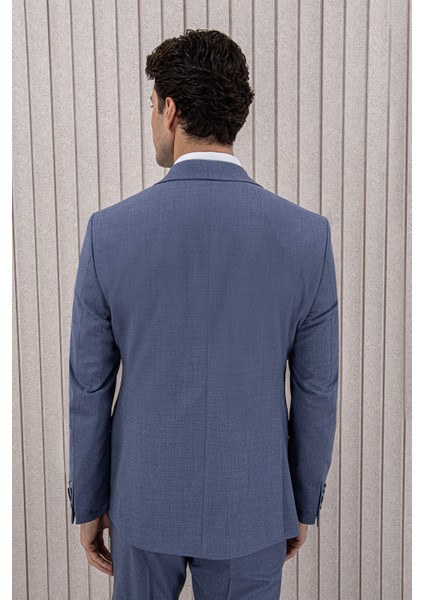 Erkek Likralı Slim Fit Sivri Yaka Yelekli Takım Elbise