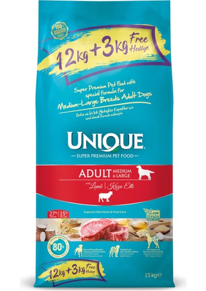Orta ve Iri Irk Yetişkin Köpek Maması Kuzu Etli 12+3 kg