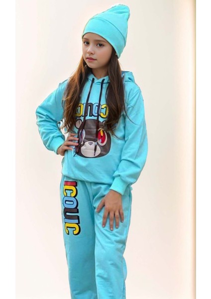 Kız Çocuk Ayıcık ve Iconic Yazı Baskılı Kapüşonlu Sweatshirt Aqua Eşofman Takım