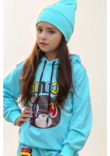 Kız Çocuk Ayıcık ve Iconic Yazı Baskılı Kapüşonlu Sweatshirt Aqua Eşofman Takım