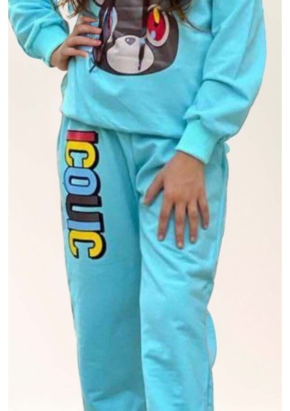 Kız Çocuk Ayıcık ve Iconic Yazı Baskılı Kapüşonlu Sweatshirt Aqua Eşofman Takım