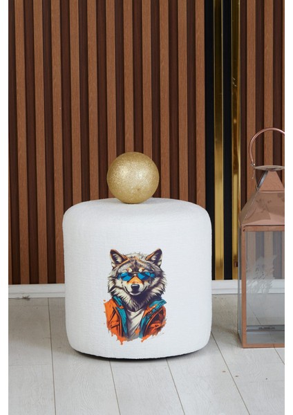 Beyaz Kurt Resimli 40*40 Yuvarlak Puf