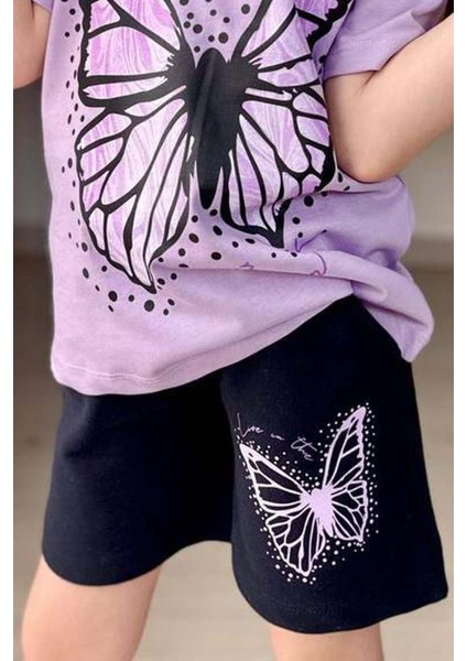 Kız Çocuk Kara Kalem Kelebek Baskılı Penye Lila T-Shirt Şortlu Takım modelleri