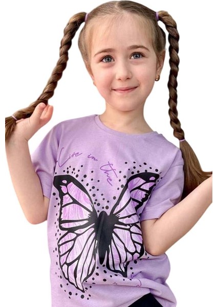 Kız Çocuk Kara Kalem Kelebek Baskılı Penye Lila T-Shirt Şortlu Takım indirimleri