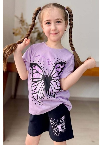 Kız Çocuk Kara Kalem Kelebek Baskılı Penye Lila T-Shirt Şortlu Takım
