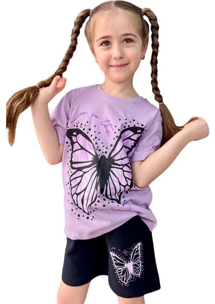 Kız Çocuk Kara Kalem Kelebek Baskılı Penye Lila T-Shirt Şortlu Takım fırsatları