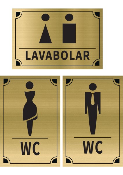 Lavabolar - Kadın - Erkek Üçlü Levha Set Altın Metal Yönlendirme Tabelası Kişiye Özel