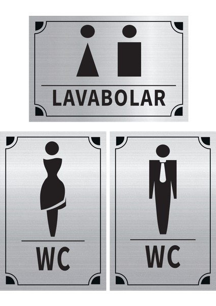 Lavabolar - Kadın - Erkek Üçlü Levha Set Gümüş Metal Yönlendirme Tabelası Kişiye Özel