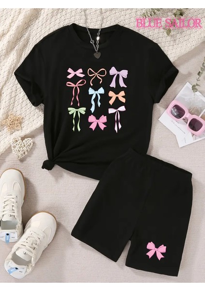 Kız Çocuk Fiyonk Baskılı T-Shirt - Şort Takım