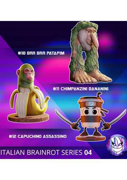 3'lü Brainrot Figür Cappuccino Assassino - Brr Brr Patapim - Chimpanzini Bananini Figür 10 cm