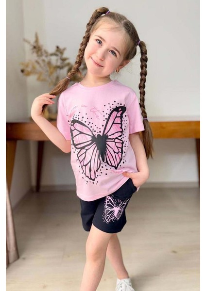 Kız Çocuk Kara Kalem Kelebek Baskılı Penye Pembe T-Shirt Şortlu Takım