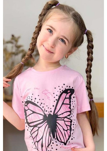 Kız Çocuk Kara Kalem Kelebek Baskılı Penye Pembe T-Shirt Şortlu Takım fiyatları