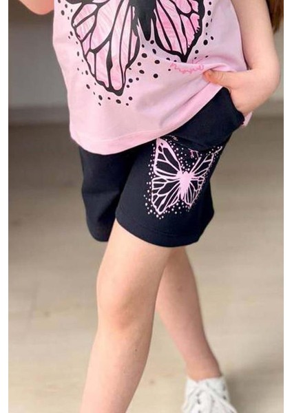 Kız Çocuk Kara Kalem Kelebek Baskılı Penye Pembe T-Shirt Şortlu Takım modelleri