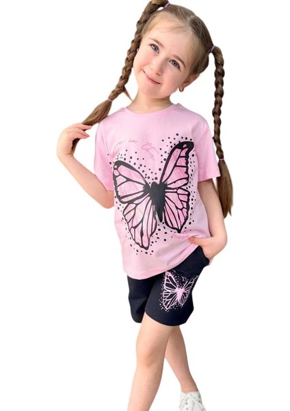 Kız Çocuk Kara Kalem Kelebek Baskılı Penye Pembe T-Shirt Şortlu Takım fırsatları