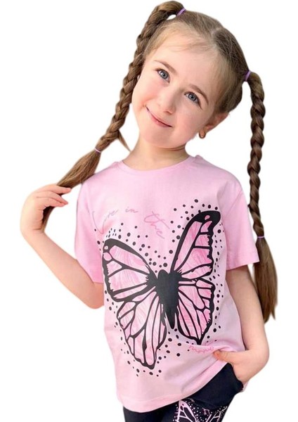 Kız Çocuk Kara Kalem Kelebek Baskılı Penye Pembe T-Shirt Şortlu Takım indirimleri