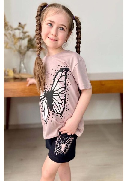 Kız Çocuk Kara Kalem Kelebek Baskılı Penye Pudra T-Shirt Şortlu Takım